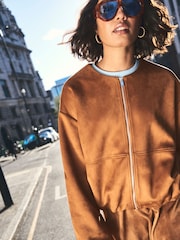 River Island Brown Suedette Bubble Hem Bomber Jacket - Image 5 of 6