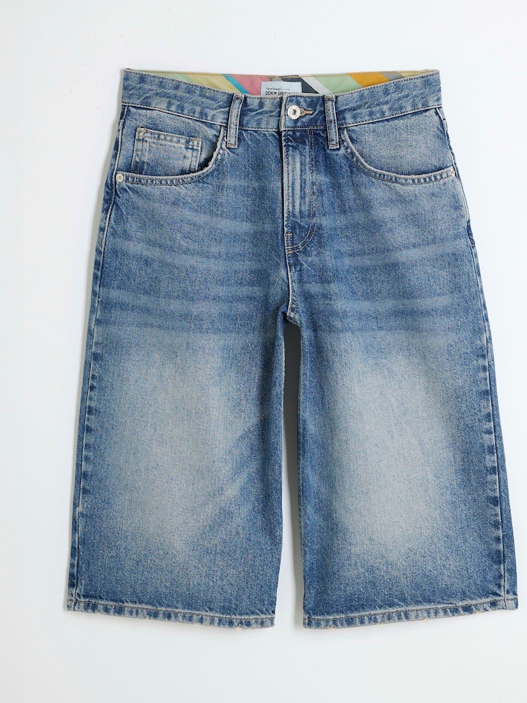 River Island Blue Mid Rise Longline Jort 100% Cotton Shorts - Image 5 of 6