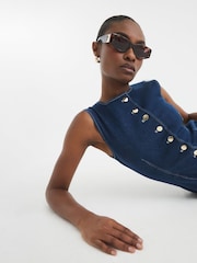River Island Blue 100% Cotton Denim Button Front Midi Dress - Image 2 of 3