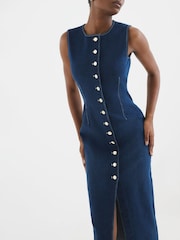 River Island Blue 100% Cotton Denim Button Front Midi Dress - Image 3 of 3