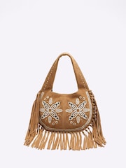 Кожаная сумка через плечо с вышивкой ришелье и бахромой River Island - Image 1 of 6