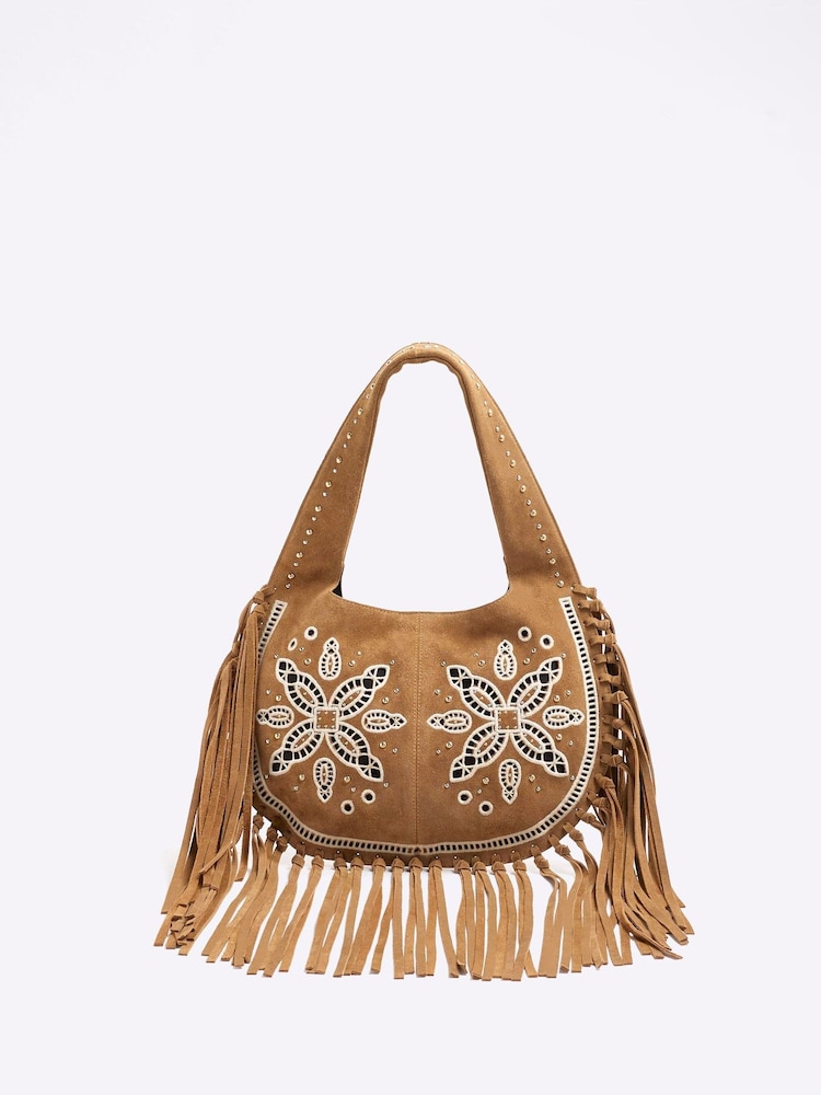 Кожаная сумка через плечо с вышивкой ришелье и бахромой River Island - Image 1 of 6 Кожаная сумка через плечо с вышивкой ришелье и бахромой River Island - Image 1 of 6