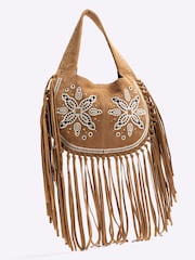 Кожаная сумка через плечо с вышивкой ришелье и бахромой River Island - Image 4 of 6