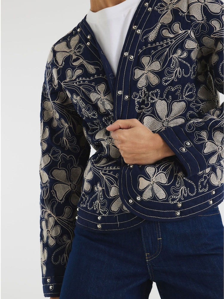 River Island Blue Floral Studded Jacket - Image 1 of 6