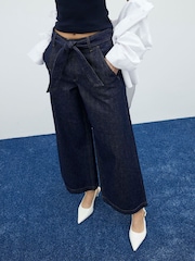 River Island Blue 100% Cotton Belted Cropped Wide Leg Jeans - Image 1 of 6
