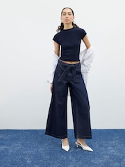 River Island Blue 100% Cotton Belted Cropped Wide Leg Jeans - Image 2 of 6
