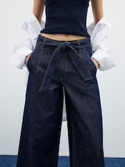 River Island Blue 100% Cotton Belted Cropped Wide Leg Jeans - Image 3 of 6