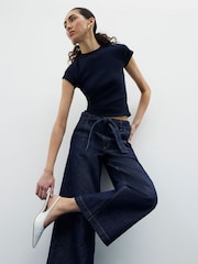 River Island Blue 100% Cotton Belted Cropped Wide Leg Jeans - Image 4 of 6