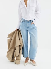 River Island Blue 100% Cotton Petite Seamed Barrel Jeans - Image 1 of 6