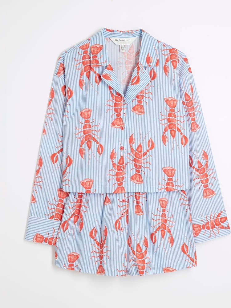 River Island Natural Lobster Print Top and Short Pyjamas 100% Cotton Set - Image 5 of 6