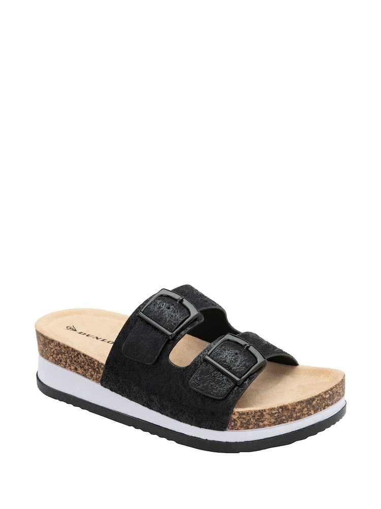 Dunlop Black Twin Strap Wedge Footbed Mules - Image 1 of 4