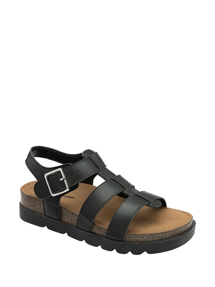 Dunlop Black Leather Strap Buckle Wedge Sandals - Image 1 of 4