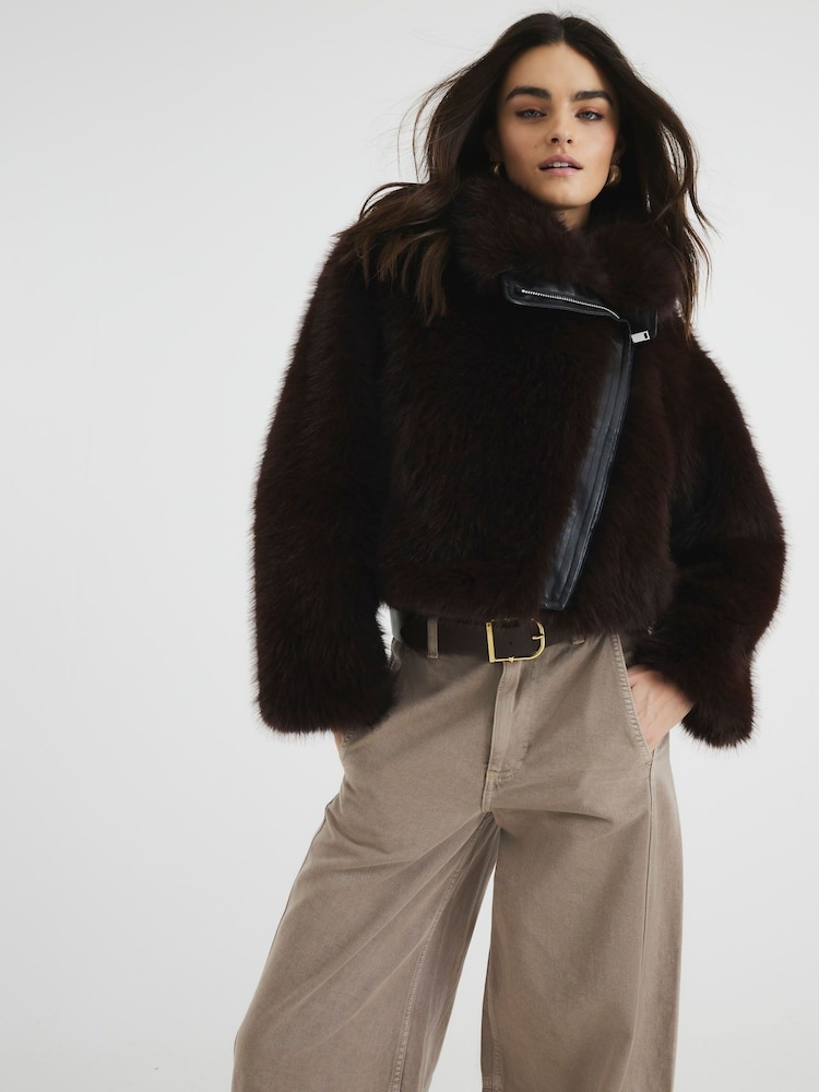 River Island Brown Faux Fur Trim Biker Jacket - Image 1 of 6