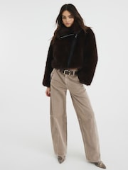 River Island Brown Faux Fur Trim Biker Jacket - Image 2 of 6