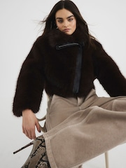 River Island Brown Faux Fur Trim Biker Jacket - Image 3 of 6