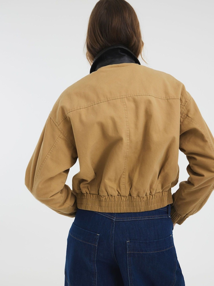 River Island Brown 100% Cotton Faux Leather Collar Casual Bomber Jacket - Image 3 of 6