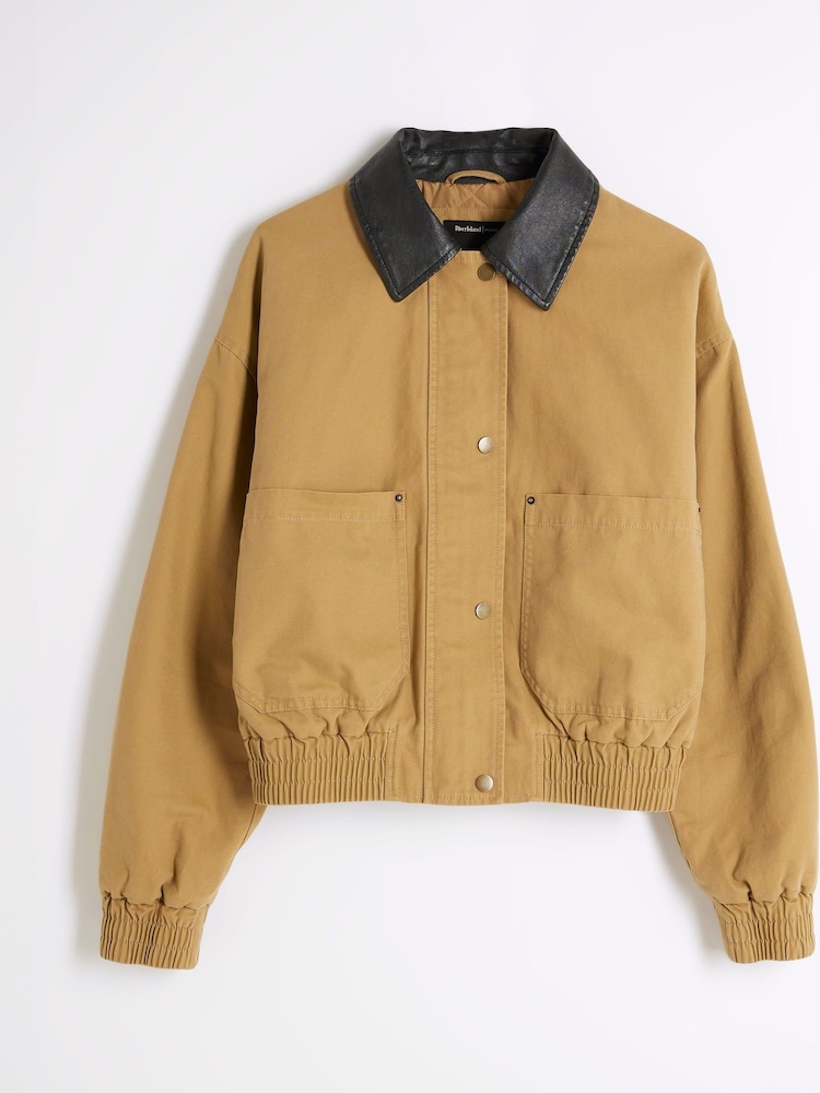 River Island Brown 100% Cotton Faux Leather Collar Casual Bomber Jacket - Image 5 of 6