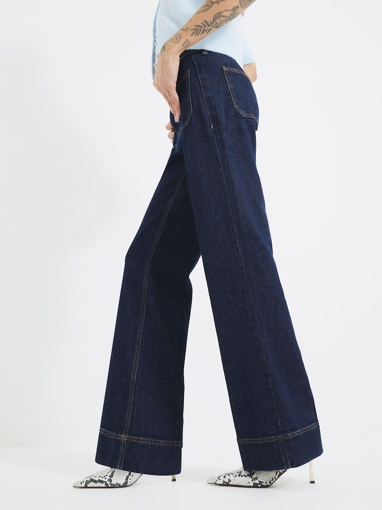 River Island Blue High Rise Pocket Front Wide Leg Jeans - Image 2 of 6