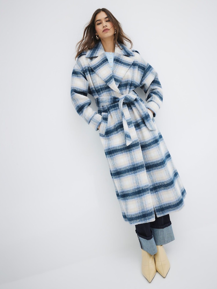 River Island Blue Check Belted Coat - Image 1 of 6
