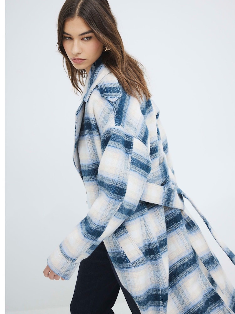 River Island Blue Check Belted Coat - Image 2 of 6