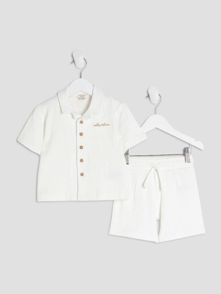 River Island White Boys Textured Revere Shirt amd Short Set - Image 1 of 5