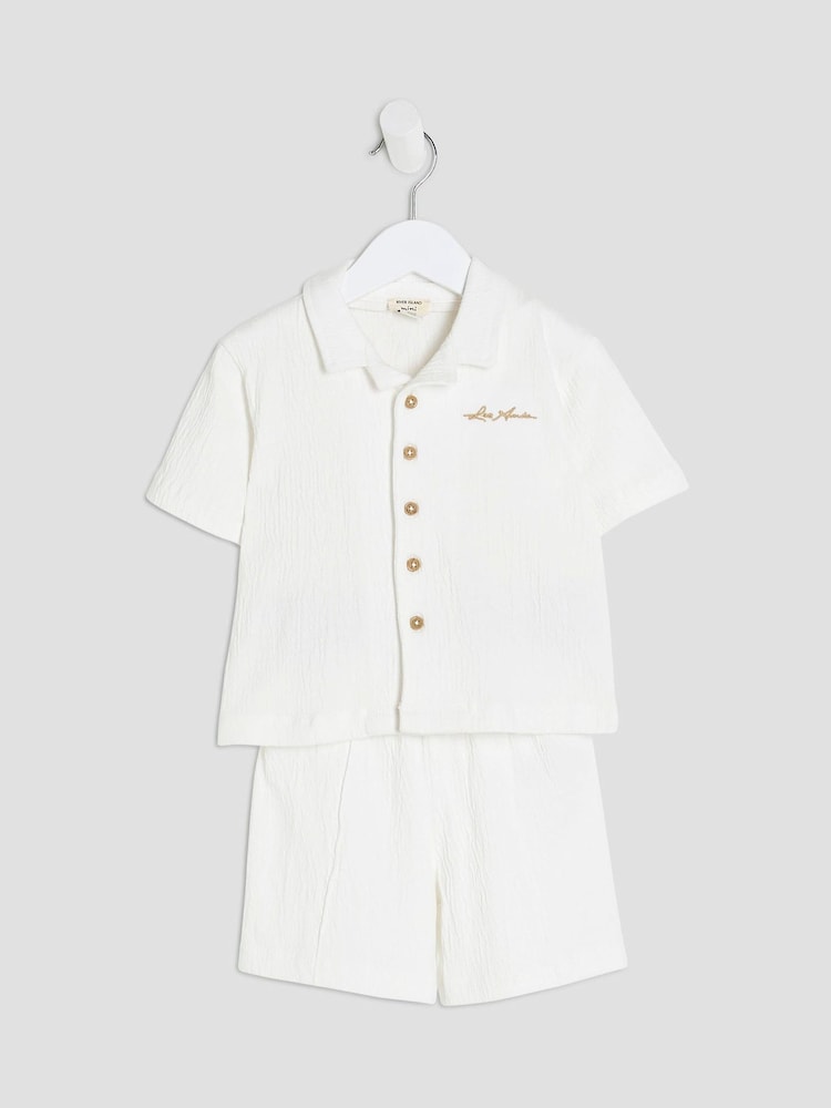 River Island White Boys Textured Revere Shirt amd Short Set - Image 3 of 5