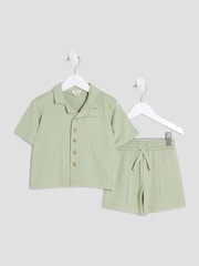 River Island Green Boys Textured Revere Shirt amd Short Set - Image 1 of 5