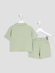 River Island Green Boys Textured Revere Shirt amd Short Set - Image 2 of 5