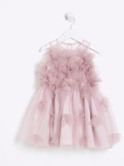 River Island Pink Girls 3D Floral Print Tulle Dress - Image 1 of 4