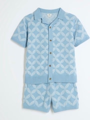 River Island Blue Regular Fit Boys Geo Revere 100% Cotton Polo Shorts Set - Image 3 of 10