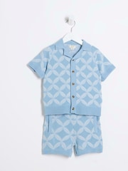 River Island Blue Regular Fit Boys Geo Revere 100% Cotton Polo Shorts Set - Image 4 of 10