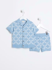 River Island Blue Regular Fit Boys Geo Revere 100% Cotton Polo Shorts Set - Image 5 of 10