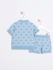 River Island Blue Regular Fit Boys Geo Revere 100% Cotton Polo Shorts Set - Image 6 of 10