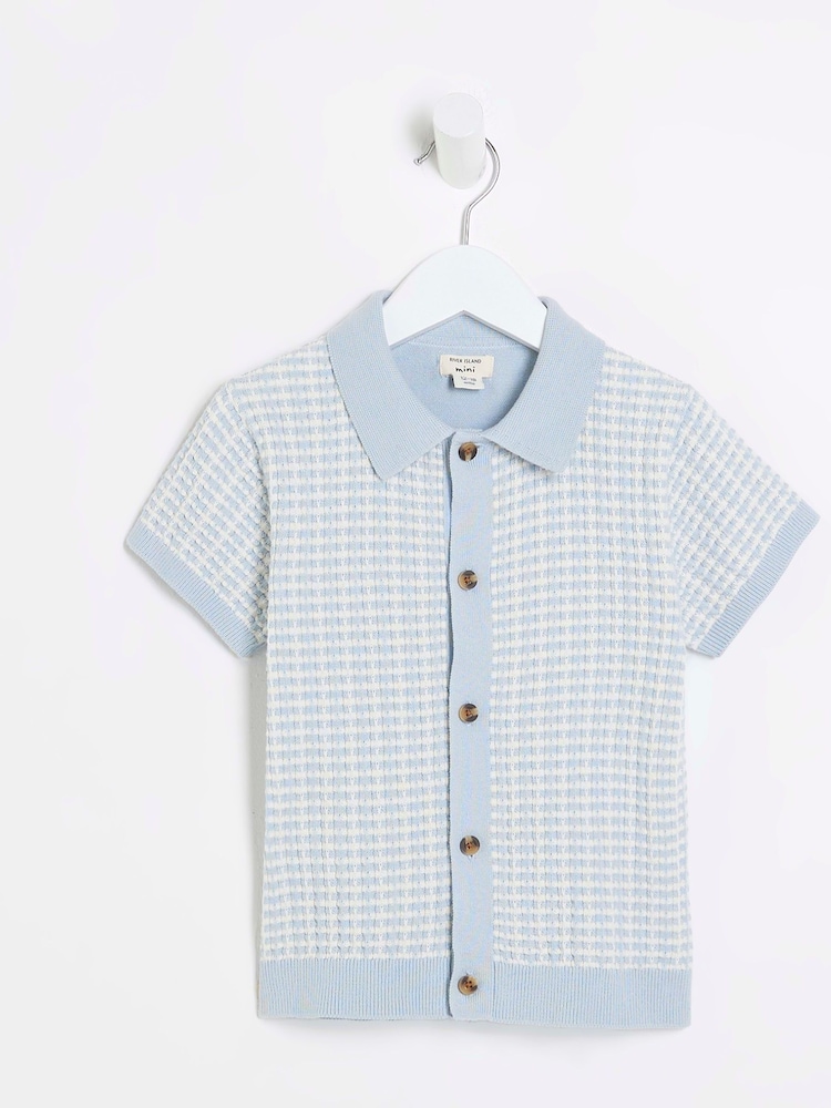 River Island Blue Boys Textured Revere Knit 100% Cotton Polo Shirt - Image 1 of 4