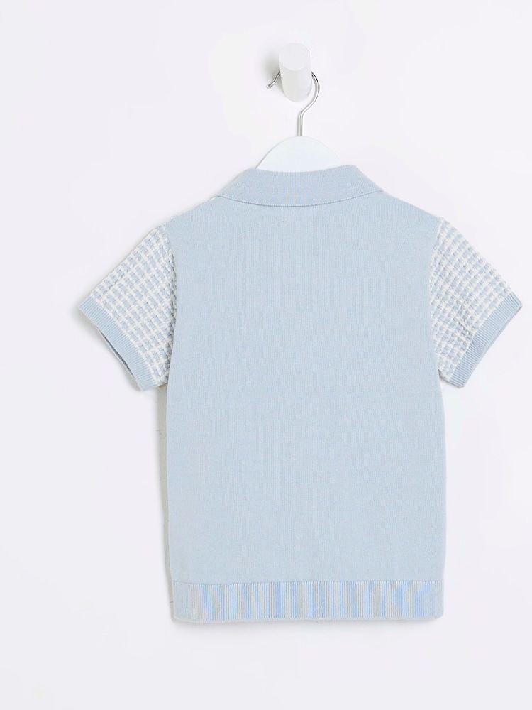 River Island Blue Boys Textured Revere Knit 100% Cotton Polo Shirt - Image 2 of 4
