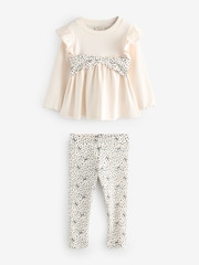 River Island Cream/Black Girls Bow Rib Peplum Top Set - Image 1 of 1