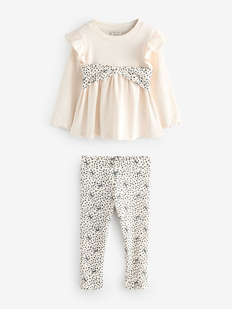 River Island Cream/Black Girls Bow Rib Peplum Top Set - Image 1 of 1