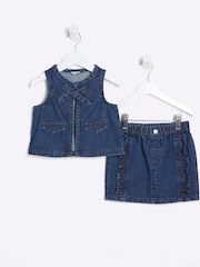 River Island Blue Girls Denim 100% Cotton Gilet Skirt Set - Image 1 of 5