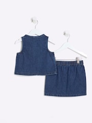River Island Blue Girls Denim 100% Cotton Gilet Skirt Set - Image 2 of 5