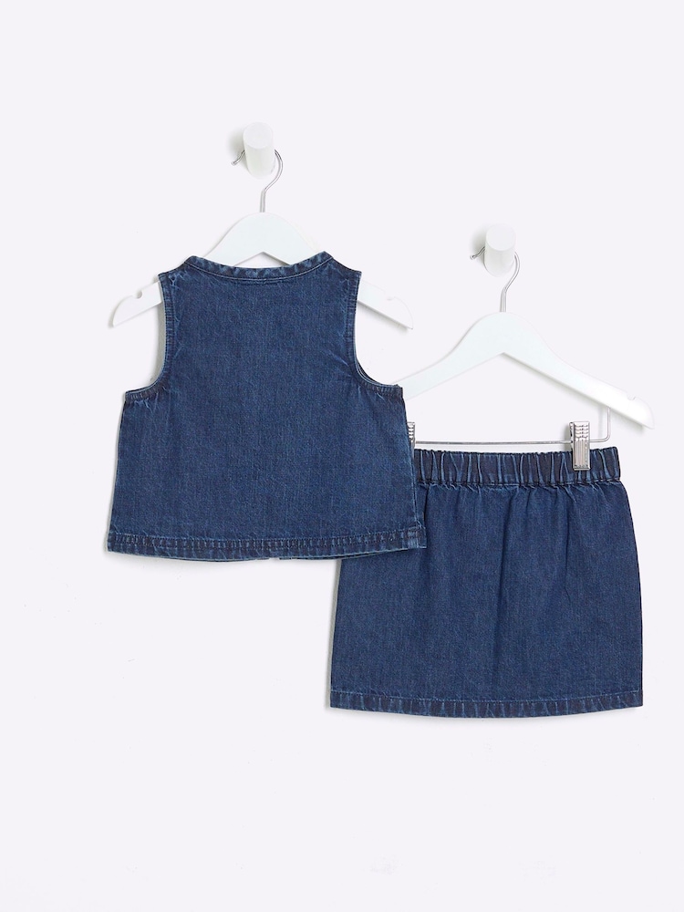 River Island Blue Girls Denim 100% Cotton Gilet Skirt Set - Image 2 of 5