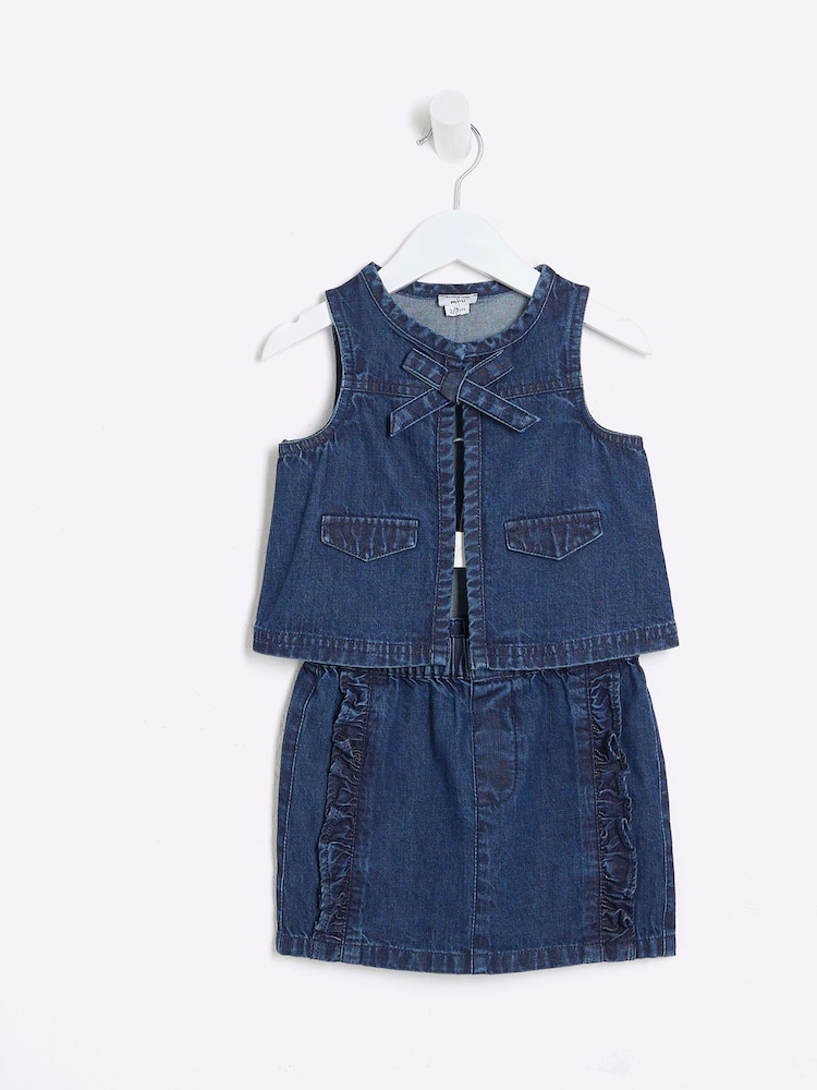River Island Blue Girls Denim 100% Cotton Gilet Skirt Set - Image 3 of 5