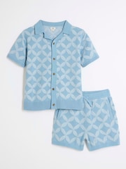 River Island Light Blue Regular Fit Boys Geo Revere 100% Cotton Polo Shorts Set - Image 1 of 5