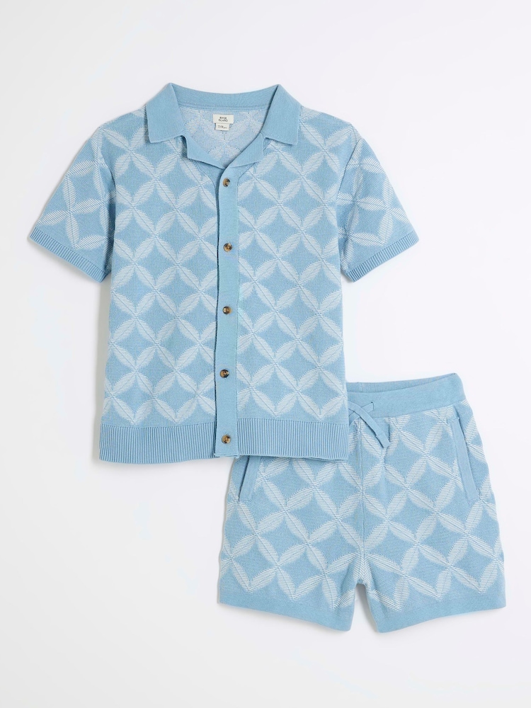 River Island Light Blue Regular Fit Boys Geo Revere 100% Cotton Polo Shorts Set - Image 1 of 5