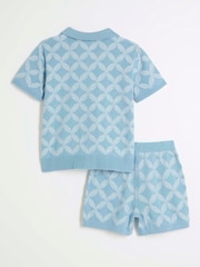 River Island Light Blue Regular Fit Boys Geo Revere 100% Cotton Polo Shorts Set - Image 2 of 5