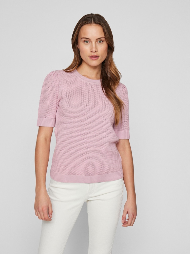 VILA Pink Knitted Short Puff Sleeve Top - Image 1 of 6