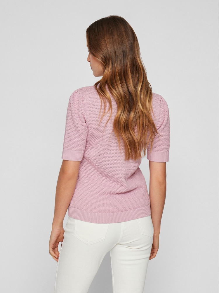 VILA Pink Knitted Short Puff Sleeve Top - Image 2 of 6