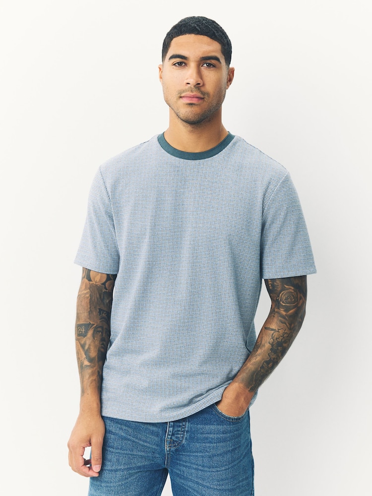 Blue Dogtooth Brushed Patterned T-Shirt - Image 1 of 7