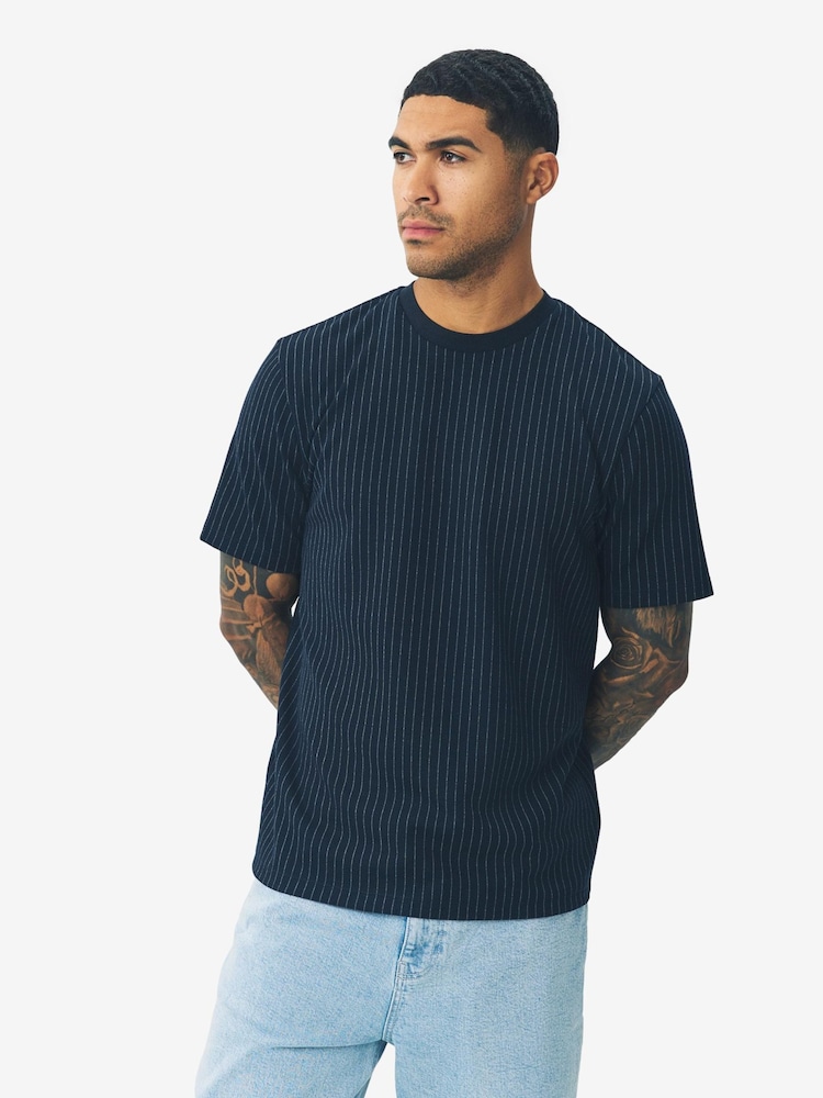 Navy Pin Stripe Brushed Patterned T-Shirt - Image 1 of 7