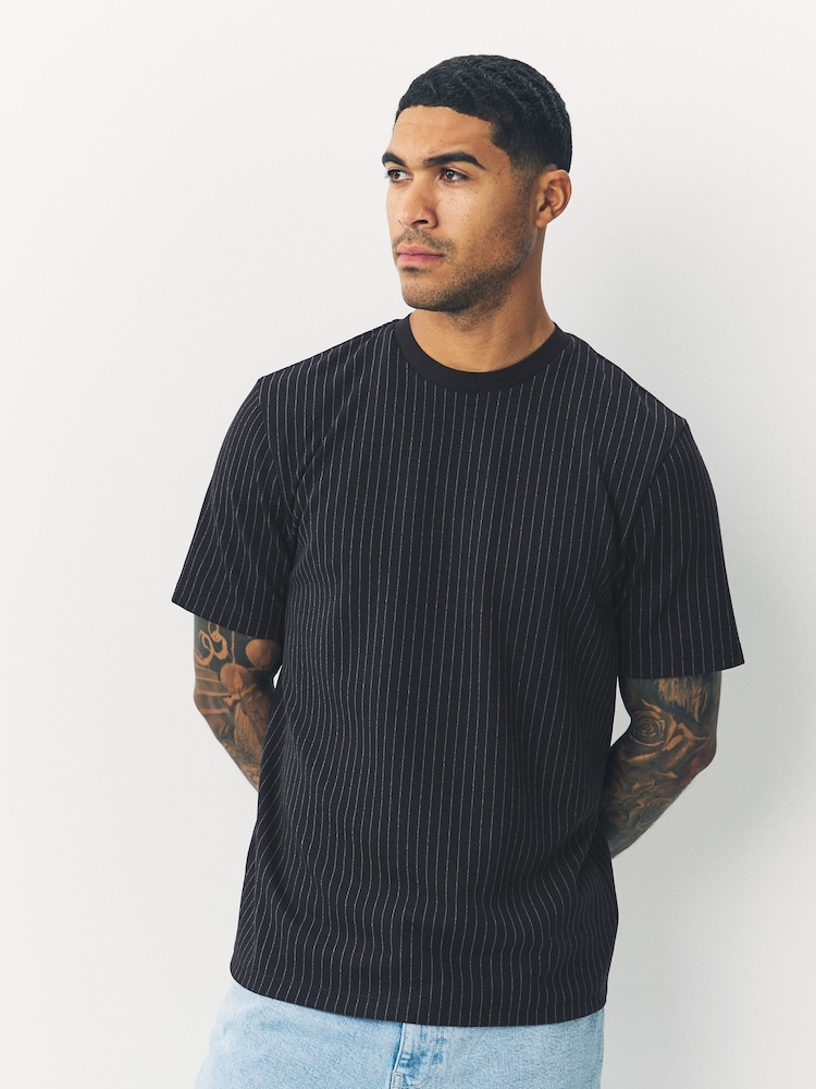 Navy Pin Stripe Brushed Patterned T-Shirt - Image 1 of 7 Navy Pin Stripe Brushed Patterned T-Shirt - Image 1 of 7