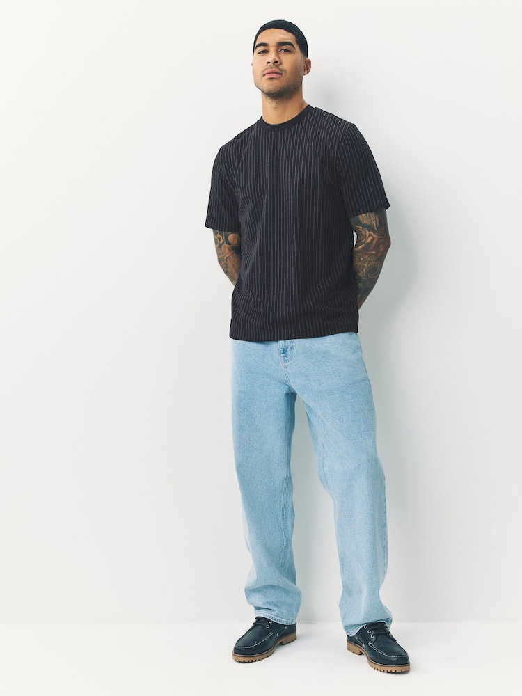 Navy Pin Stripe Brushed Patterned T-Shirt - Image 2 of 7 Navy Pin Stripe Brushed Patterned T-Shirt - Image 2 of 7